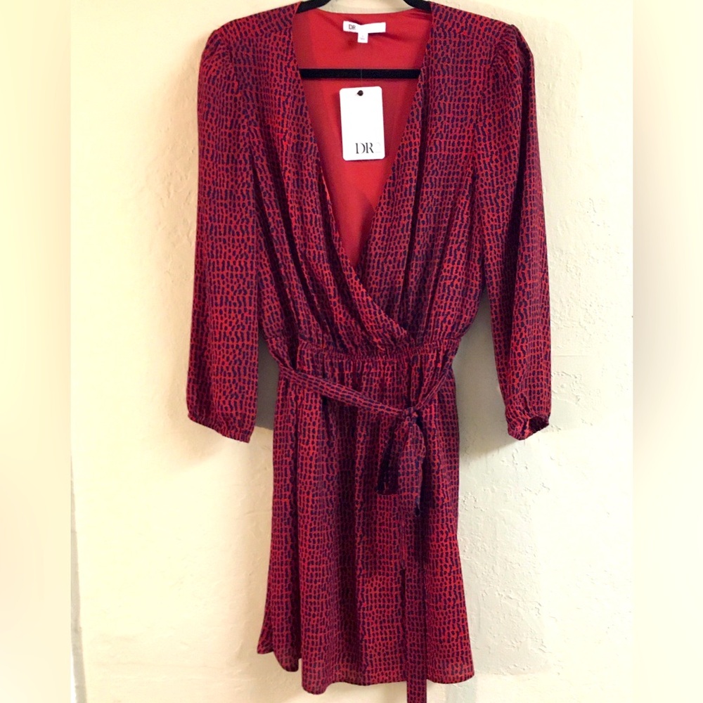 DR2 Fit & Flare Long Sleeve Dress Medium Navy Blue Red Workwear Office Business